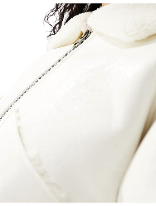 Pull&Bear faux leather shearling detail jacket with shiny finish in white