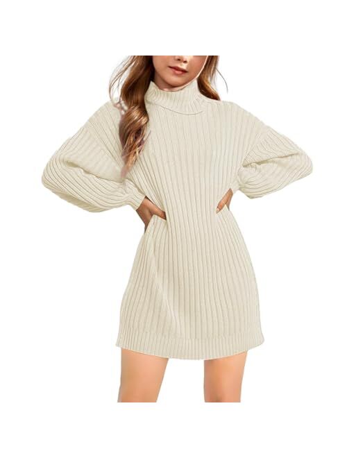 Virmoku Girls Oversized Sweater Dress Turtleneck Batwing Sleeve Winter Long Kids Casual Sweaters for Girls Dresses