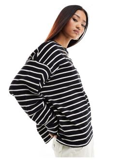 long sleeve oversized t-shirt with stripe detail in black & ecru