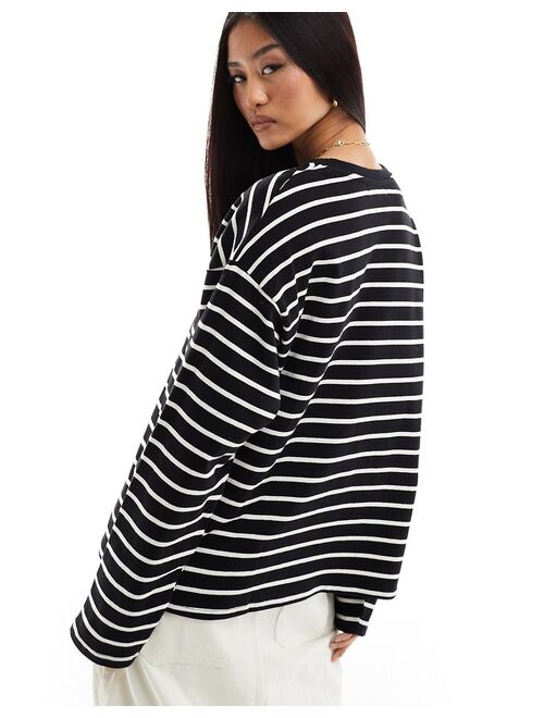 Pull&Bear long sleeve oversized t-shirt with stripe detail in black & ecru