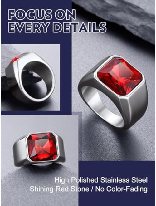 Bandmax Gemstone Signet Rings for Men, Stainless Steel Fancy Cut Cubic Zirconia Rings Blue Topaz/Emerald/Black Onyx/Ruby Ring Statement Ring Wedding Ring Size 7-14