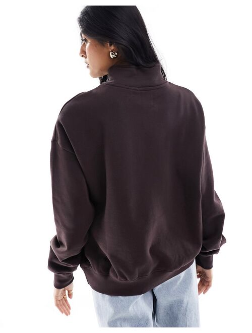 Pull&Bear 'Sporty Season' graphic half zip sweater in chocolate brown