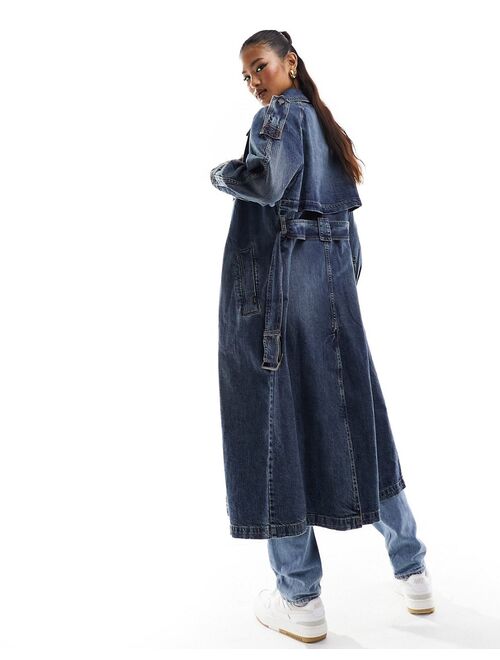 Pull&Bear x Bruce Lee denim trench coat in dark washed blue