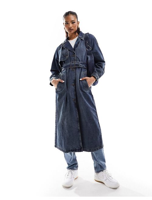 Pull&Bear x Bruce Lee denim trench coat in dark washed blue