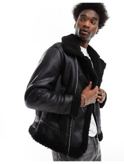 faux leather aviator jacket with shearling lining in black