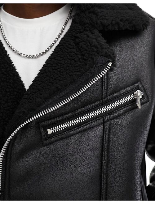 Pull&Bear faux leather aviator jacket with shearling lining in black