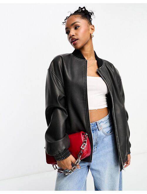 Pull&Bear faux leather oversized bomber jacket in black
