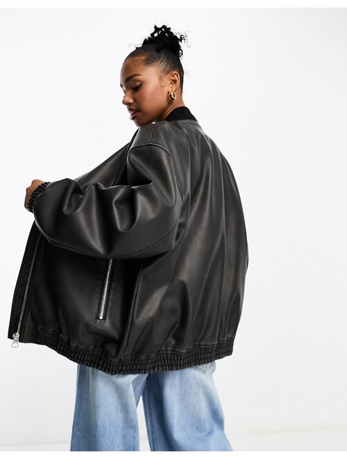 Pull&Bear faux leather oversized bomber jacket in black