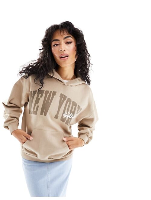 Pull&Bear New York graphic oversized hoodie in beige
