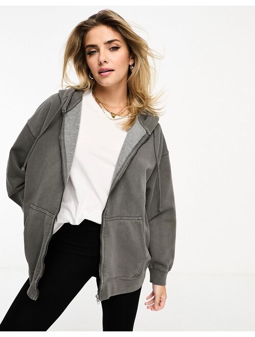 Pull&Bear zip up oversized hoodie in washed gray