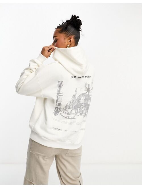 Pull&Bear city back print oversized hoodie in beige