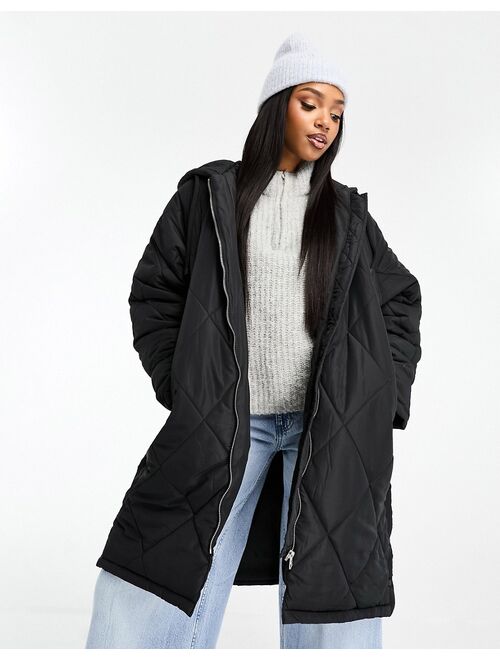 Pull&Bear quilted longline hooded coat in black