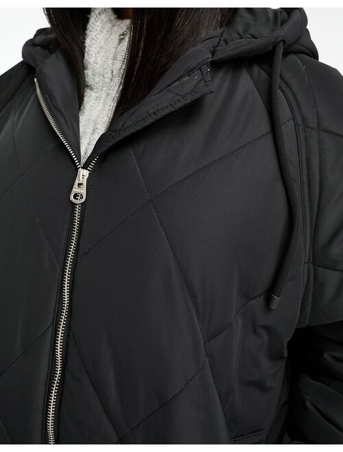 Pull&Bear quilted longline hooded coat in black