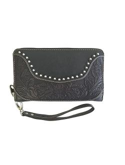 Ladies Wristlet Wallet 2-in-1 Western Tooled Genuine Leather Zippered Enclosure