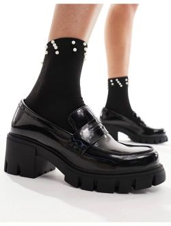 patent heeled loafer shoe in black