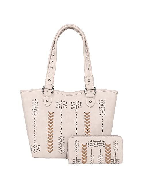 Montana West American Bling Western Tote Bag for Women Whipstitch Shoulder Bag with Studs Handbag with Wallet Set