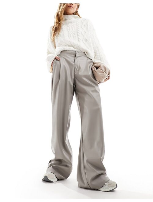 Pull&Bear wide leg faux leather pants in gray