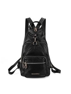 Small Leather Backpack for Women Black Sling Bag Shoulder Purse with Vegan Leather One Shoulder Backpack for Hiking Travel MWC-215BK