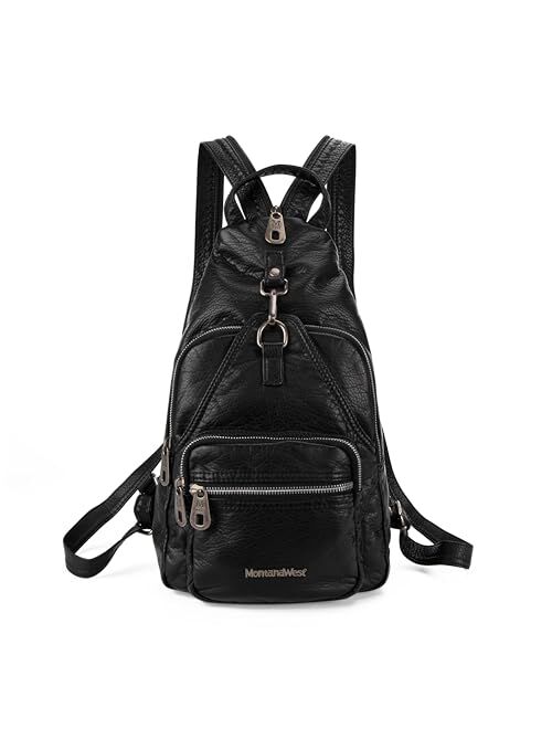 Montana West Small Leather Backpack for Women Black Sling Bag Shoulder Purse with Vegan Leather One Shoulder Backpack for Hiking Travel MWC-215BK