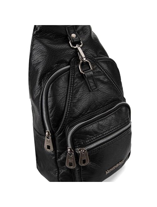 Montana West Small Leather Backpack for Women Black Sling Bag Shoulder Purse with Vegan Leather One Shoulder Backpack for Hiking Travel MWC-215BK