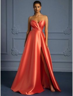 Shein High-end Banquet Evening Dress For Host, Stylish And Elegant Long Satin Strapless Dress That Makes You Look Slim