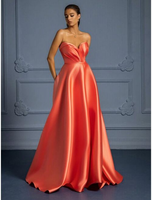 Shein High-end Banquet Evening Dress For Host, Stylish And Elegant Long Satin Strapless Dress That Makes You Look Slim
