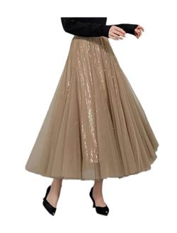 Mliyasan Womens Tulle Skirts Midi Elastic High Waist Pleated Mesh Flowy A-Line Party Long Tutu Skirts