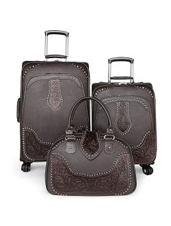 Western Tooling Luggage Embossed Vegan Leather Spinner Wheels Suitcase for Travel, Large Brown MBB-WRL-L1BR