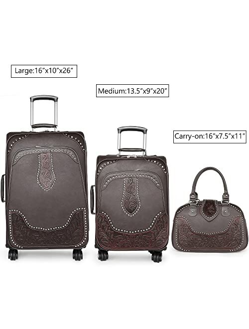 Montana West Western Tooling Luggage Embossed Vegan Leather Spinner Wheels Suitcase for Travel, Large Brown MBB-WRL-L1BR