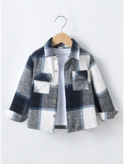 SHEIN Kids EVRYDAY Young Boy Plaid Print Flap Pocket Shirt Without Tee