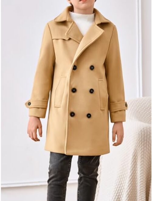 Haloumoning Boys Double Breasted Peacoat Notched Lapel Collar Wool Blend Long Coat with Pockets