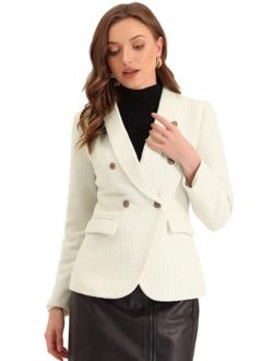 Tweed Blazer for Women's Notch Lapels Double Breasted Plaid Jacket Work Office Blazer