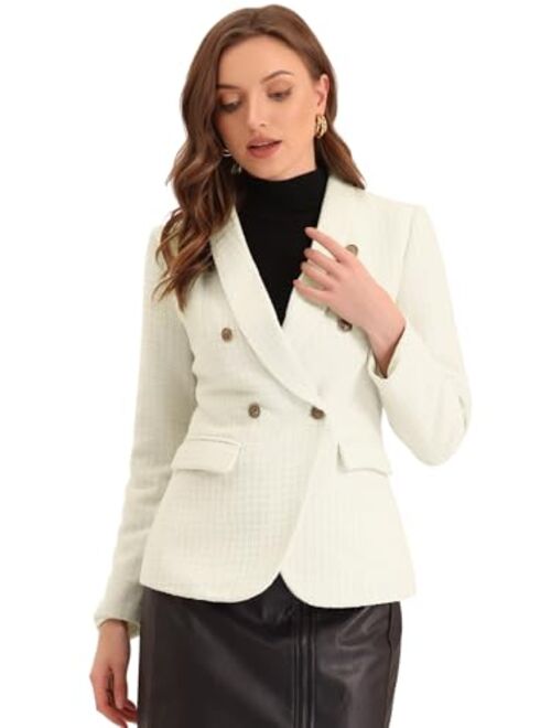 Allegra K Tweed Blazer for Women's Notch Lapels Double Breasted Plaid Jacket Work Office Blazer