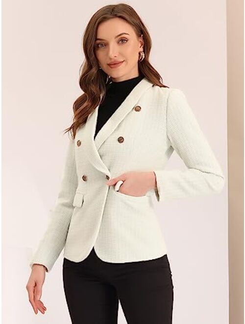 Allegra K Tweed Blazer for Women's Notch Lapels Double Breasted Plaid Jacket Work Office Blazer