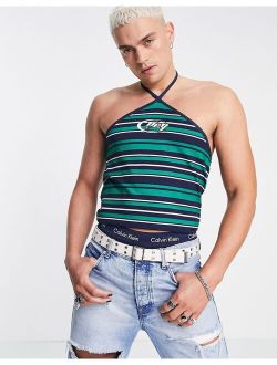 stripe halter neck tank top in green with front print