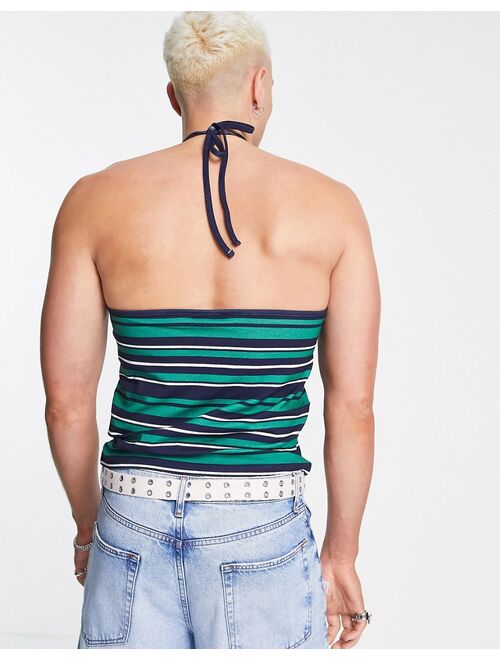 ASOS DESIGN stripe halter neck tank top in green with front print