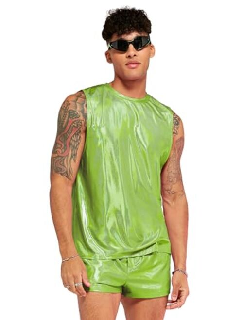 WDIRARA Men's 2 Piece Outfit Metallic Round Neck Sleeveless Tank Top and Drawstring Pocket Shorts