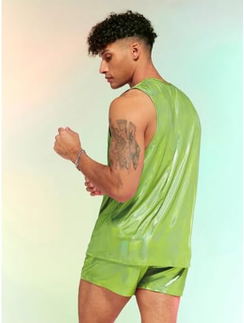 WDIRARA Men's 2 Piece Outfit Metallic Round Neck Sleeveless Tank Top and Drawstring Pocket Shorts