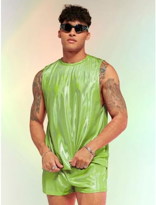 WDIRARA Men's 2 Piece Outfit Metallic Round Neck Sleeveless Tank Top and Drawstring Pocket Shorts