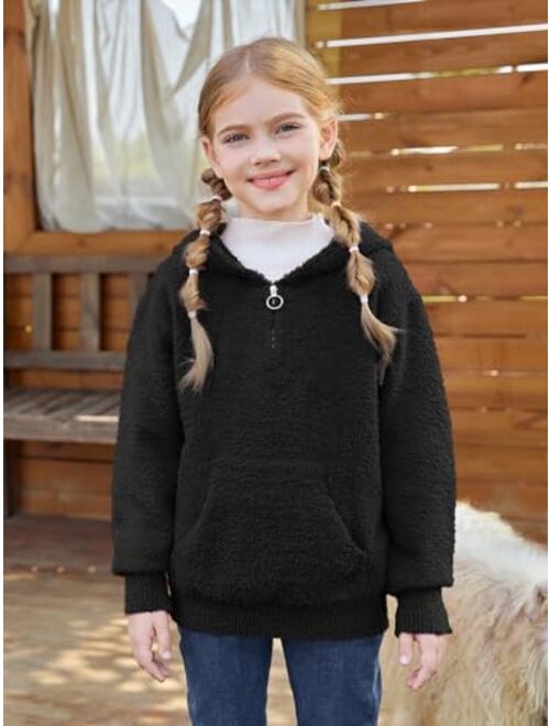 Haloumoning Girls Quarter Zip Hooded Sweaters Kids Fall Fashion Fuzzy Sherpa Knit Hoodies Clothes with Pocket 5-14 Years