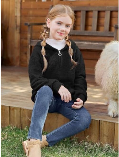 Haloumoning Girls Quarter Zip Hooded Sweaters Kids Fall Fashion Fuzzy Sherpa Knit Hoodies Clothes with Pocket 5-14 Years