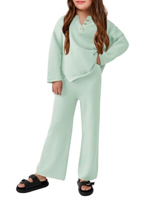 Haloumoning Girls 2 Piece Outfit Set Long Sleeve Button Knit Pullover Sweater Top and Wide Leg Pants Sweatsuit 5-14 Years