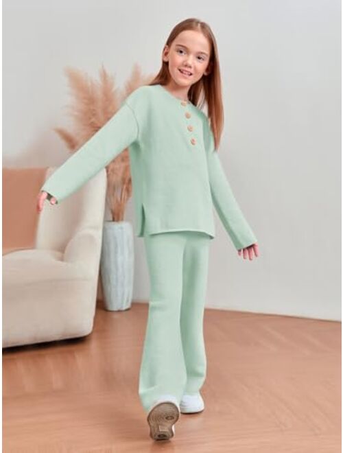 Haloumoning Girls 2 Piece Outfit Set Long Sleeve Button Knit Pullover Sweater Top and Wide Leg Pants Sweatsuit 5-14 Years