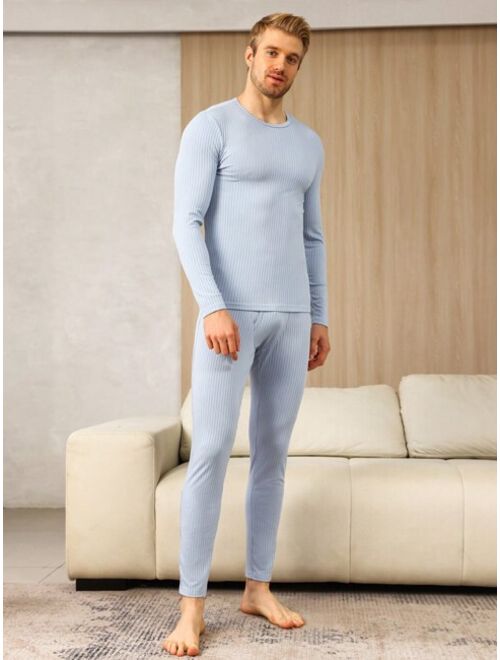 Shein Men's Thermal Ribbed Underwear Set - Long Sleeve Top And Bottom