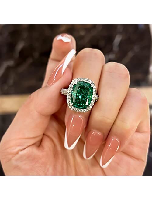 Effinny 8.0ct Gorgeous Emerald Green Engagement Ring for Women,925 Sterling Silver Paraiba Tourmaline Cushion Cut Halo Promise Ring