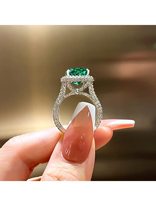 Effinny 8.0ct Gorgeous Emerald Green Engagement Ring for Women,925 Sterling Silver Paraiba Tourmaline Cushion Cut Halo Promise Ring