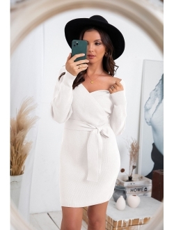 Women's V Neck Batwing Long Sleeve Sexy Backless Wrap Bodycon Cocktail Pullover Sweater Mini Dress with Belt