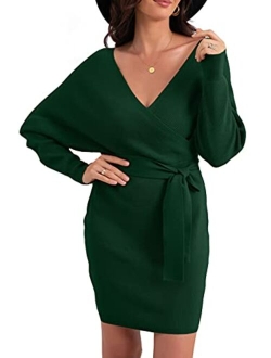 Women's V Neck Batwing Long Sleeve Sexy Backless Wrap Bodycon Cocktail Pullover Sweater Mini Dress with Belt