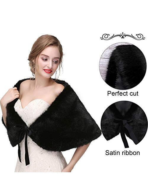 Olbye Women's Faux Fur Wraps Wedding Fur Shawls Sleeveless 1920 Faux Fur Stole for Women and Girls Fur Capelet Mink Shawl