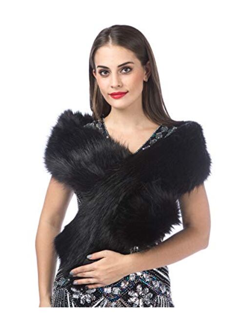 Lucky Leaf Women Luxurious Large Winter Faux Fur Scarf Wrap Collar Shrug for Lady Poncho Wedding Dinner Party
